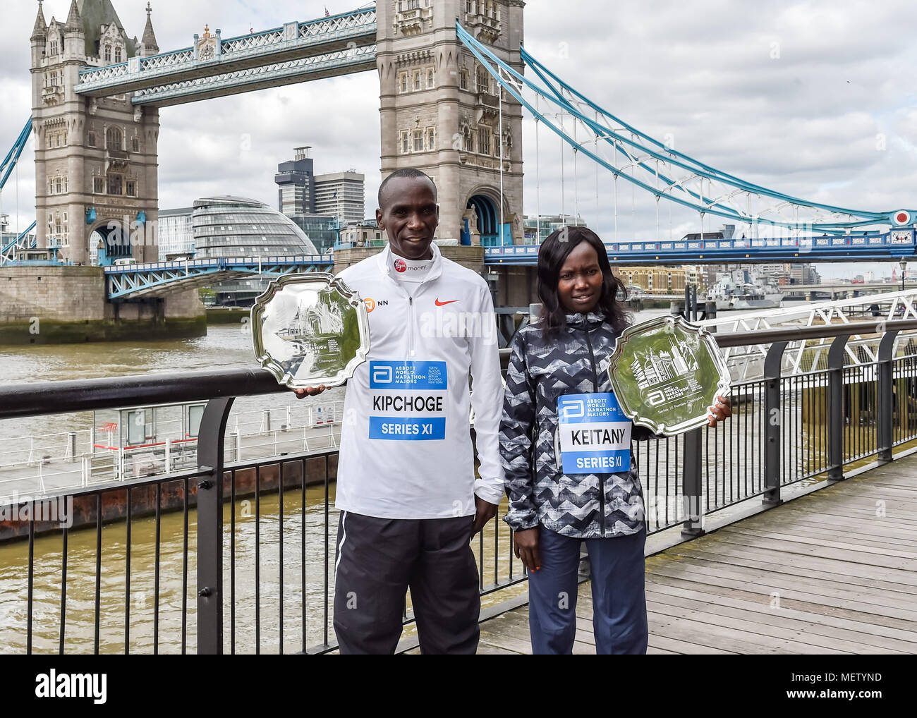 London, UK. 23rd April, 2018. Kenyan Eliud Kipchoge and Mary Keitany at Winners presentation after the 2018 Virgin Money London Marathon on Monday, 23 April 2018. London, England. Credit: Taka Wu/Alamy Live News Stock Photo