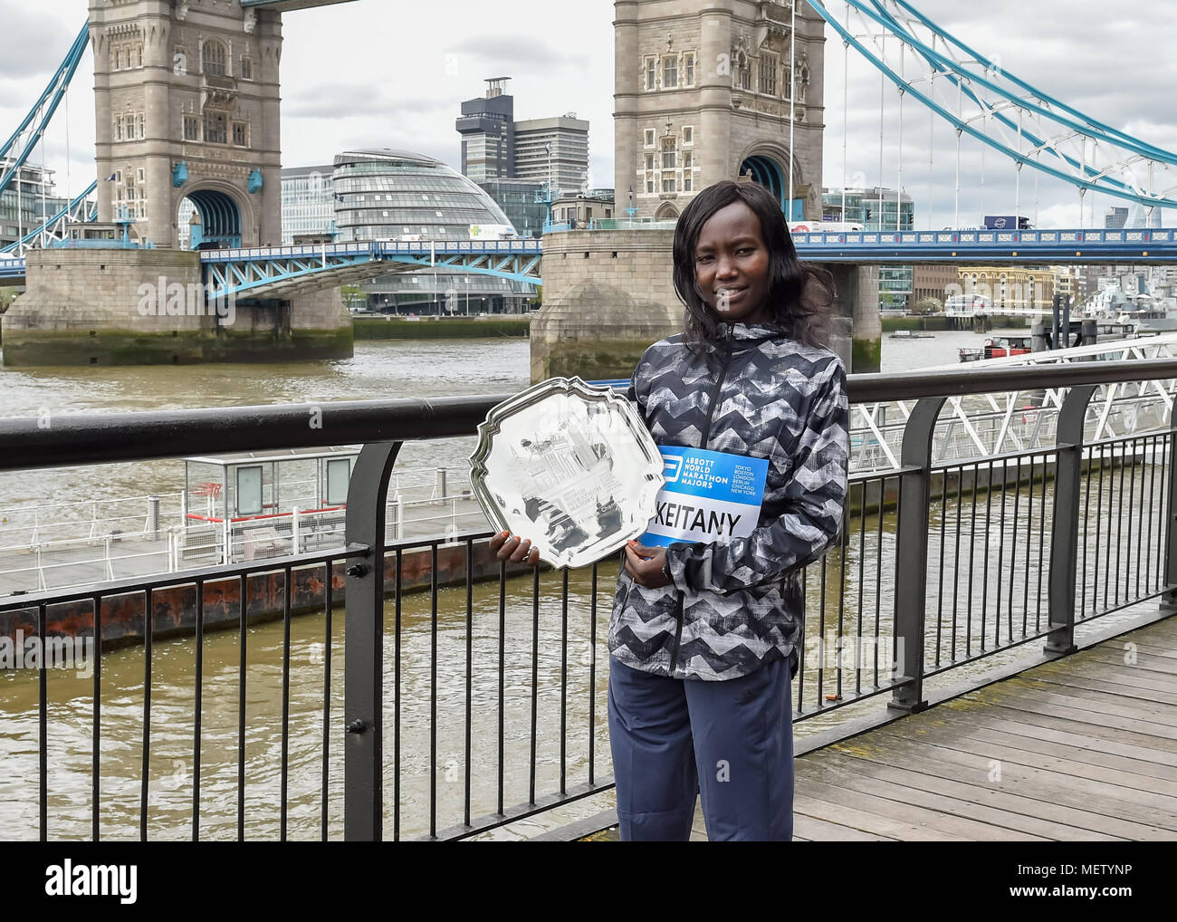 London, UK. 23rd April, 2018. Mary Keitany (KEN) at Winners presentation after the 2018 Virgin Money London Marathon on Monday, 23 April 2018. London, England. Credit: Taka Wu/Alamy Live News Stock Photo