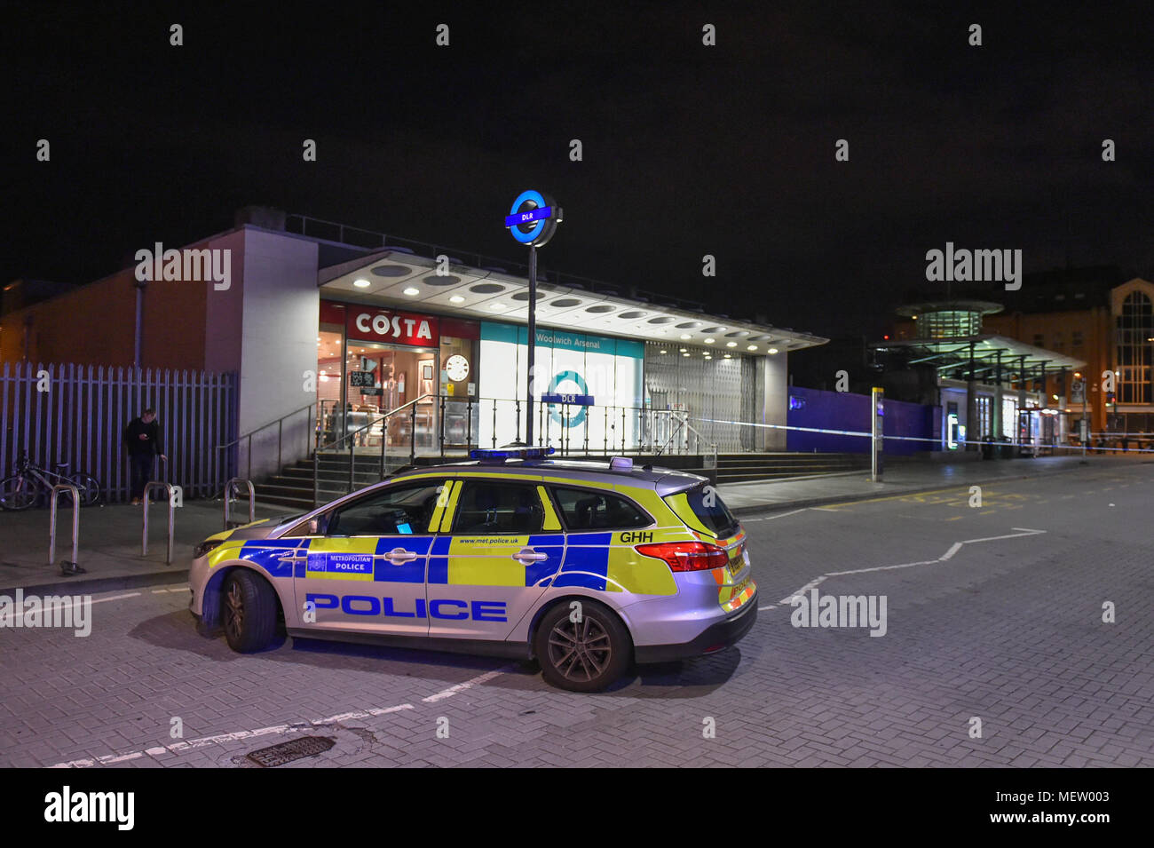 London, United Kingdom. 23 April 2018. A teenager has been stabbed in a fight outside the Woolwich Arsenal DLR station.  Credit: Peter Manning/Alamy Live News Stock Photo