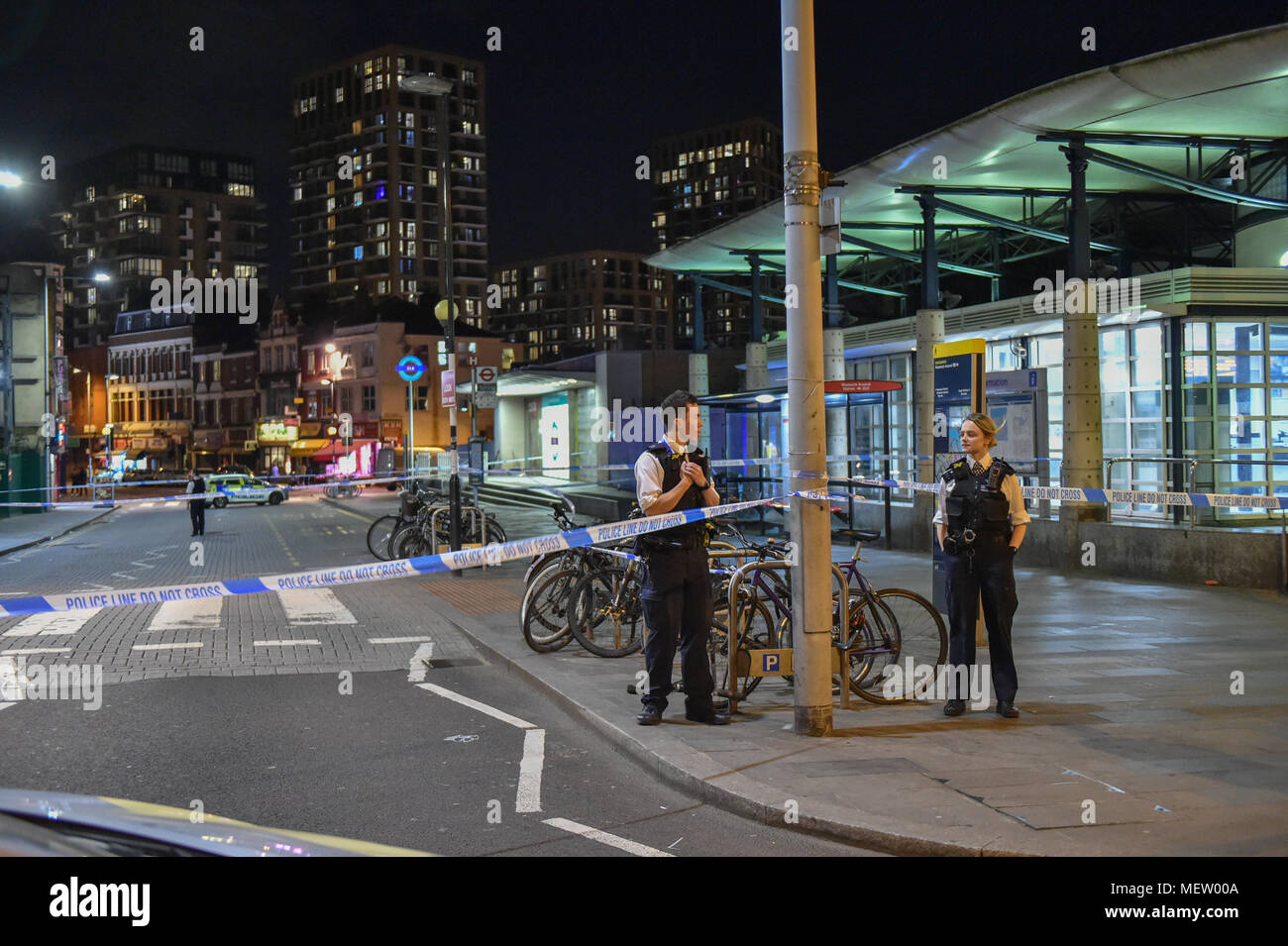 London, United Kingdom. 23 April 2018. A teenager has been stabbed in a fight outside the Woolwich Arsenal DLR station.  Credit: Peter Manning/Alamy Live News Stock Photo