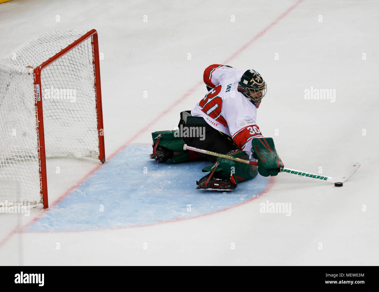 Budapest, Hungary. 23rd Apr, 2018. Adam Vay of Hungary saves during the 2018 IIHF Ice Hockey World Championship Division I Group A match between Italy and Hungary at Laszlo Papp Budapest Sports Arena on April 23, 2018 in Budapest, Hungary. Credit: Laszlo Szirtesi/Alamy Live News Stock Photo