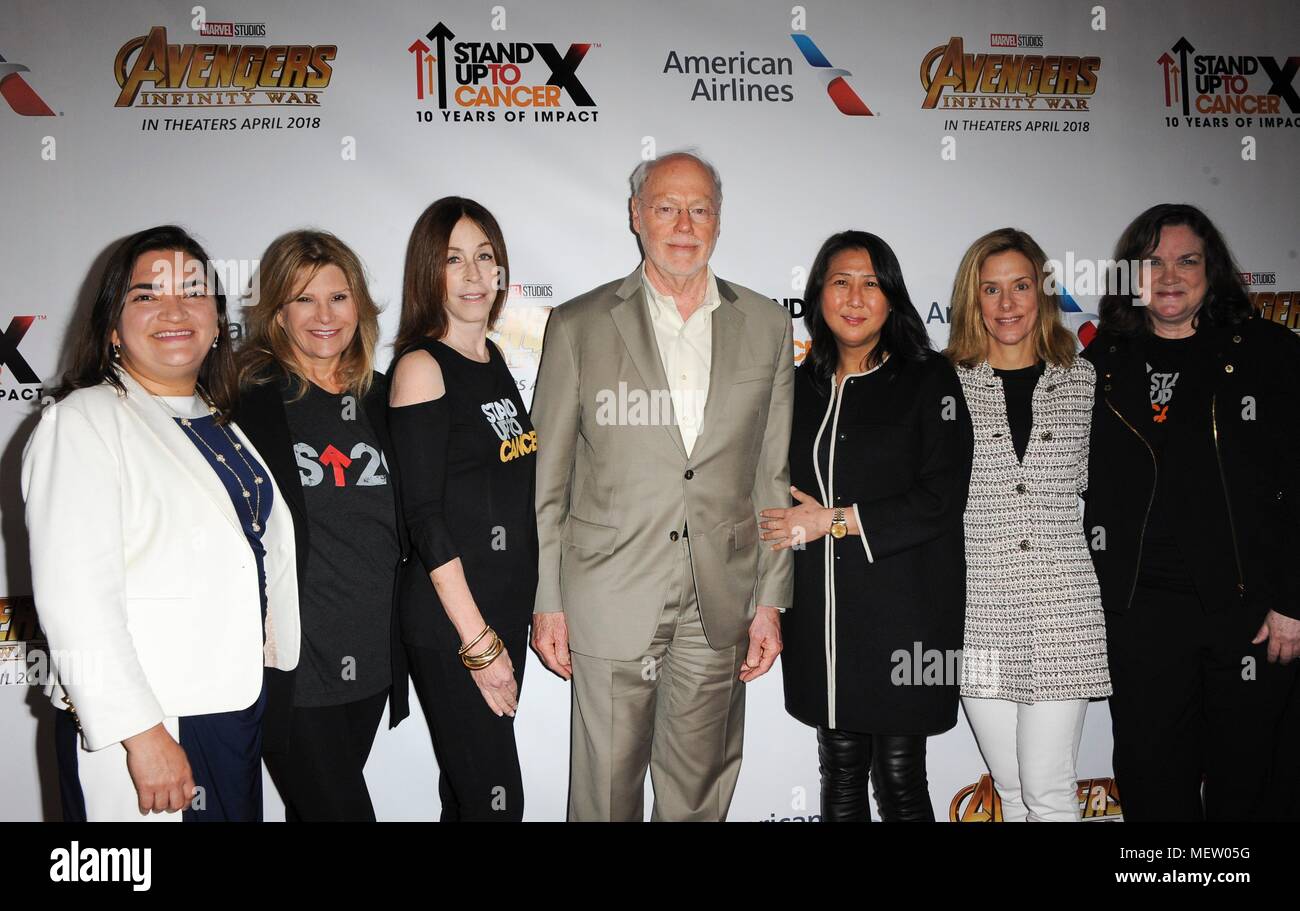 Los Angeles, CA, USA. 23rd Apr, 2018. Dr. Marcela Maus, Pamela Oas Williams, Ellen Ziffren, Dr. Philip A. Sharp, Sung Poblete, Elise Eberwein, Kathleen Lobb at arrivals for American Airlines, Stand Up To Cancer (SU2C), and Marvel Studios Unveil PSA Campaign, Dockweiler State Beach, Los Angeles, CA April 23, 2018. Credit: Elizabeth Goodenough/Everett Collection/Alamy Live News Stock Photo