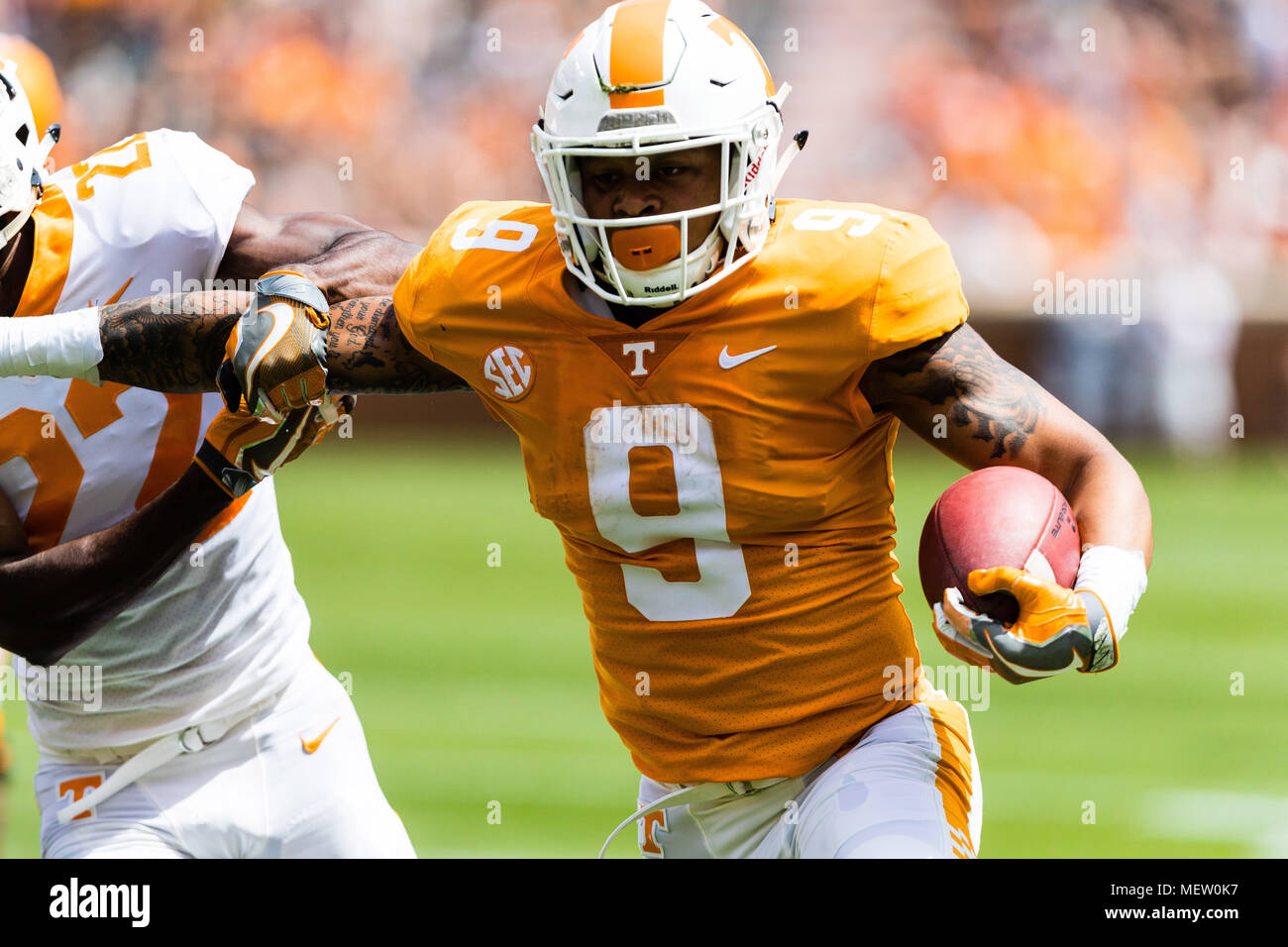April 21, 2018: running back Tim Jordan #9 of the Tennessee Volunteers runs  the ball during the the University of Tennessee Volunteers Orange and White  intrasquad scrimmage game at Neyland Stadium in