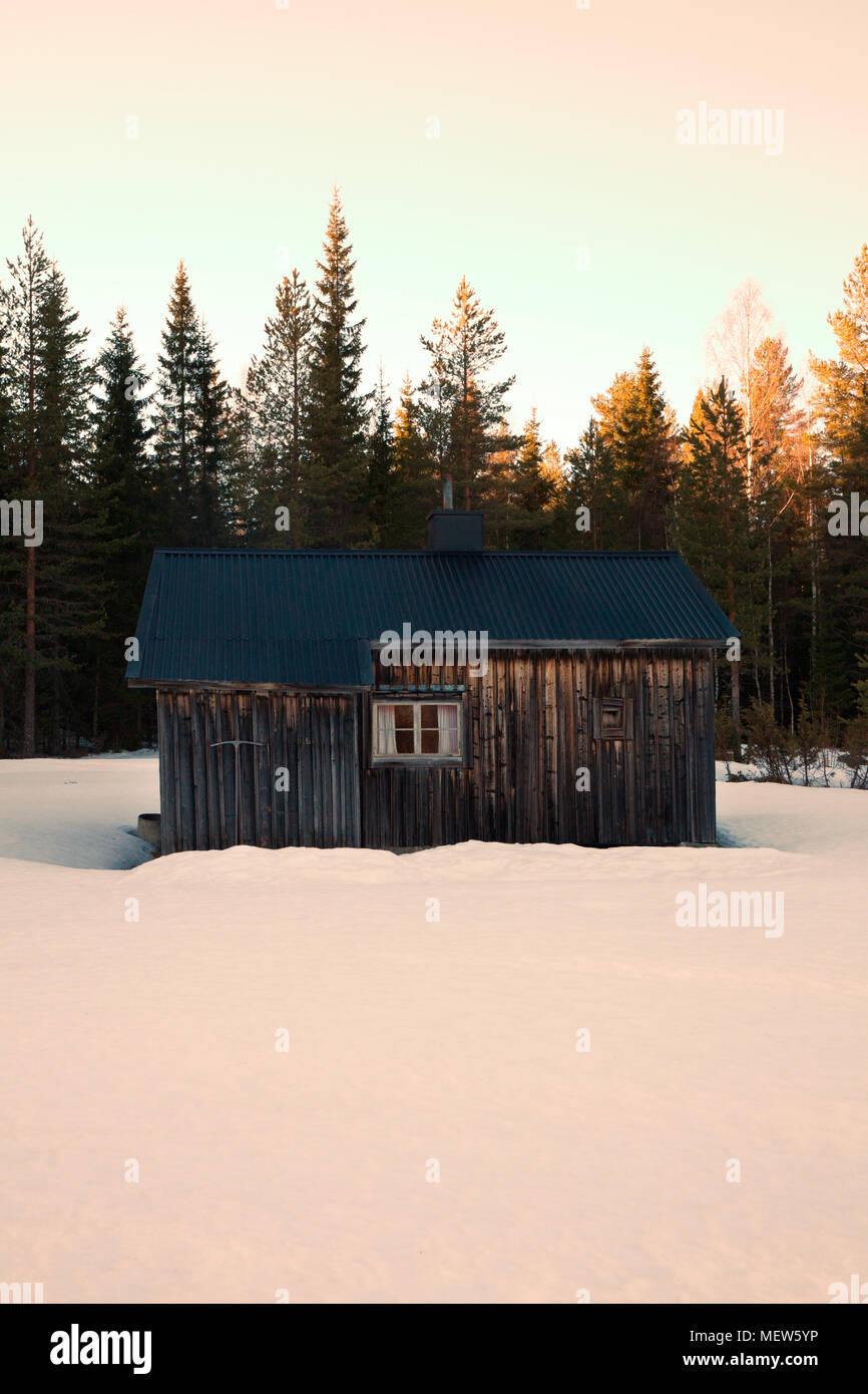 Wooden log house in a snowy winter forest at sunset Stock Photo - Alamy