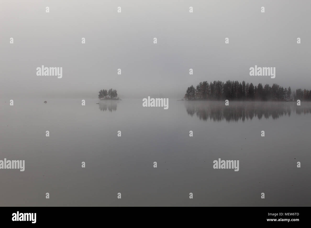 Mists are rising from a forest lake on an autumn morning Stock Photo ...
