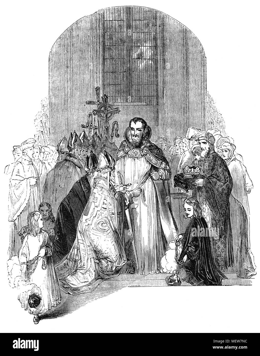 The coronation in Westminster Abbey of Henry IV (1367 -1413), aka Henry Bolingbroke who was King of England and Lord of Ireland from 1399 to 1413, and asserted the claim of his grandfather, Edward III, to the Kingdom of France.  Henry's mother was Blanche, heiress to the considerable Lancaster estates, and thus he became the first King of England from the Lancaster branch of the Plantagenets and the first King of England since the Norman Conquest whose mother tongue was English rather than French. Stock Photo