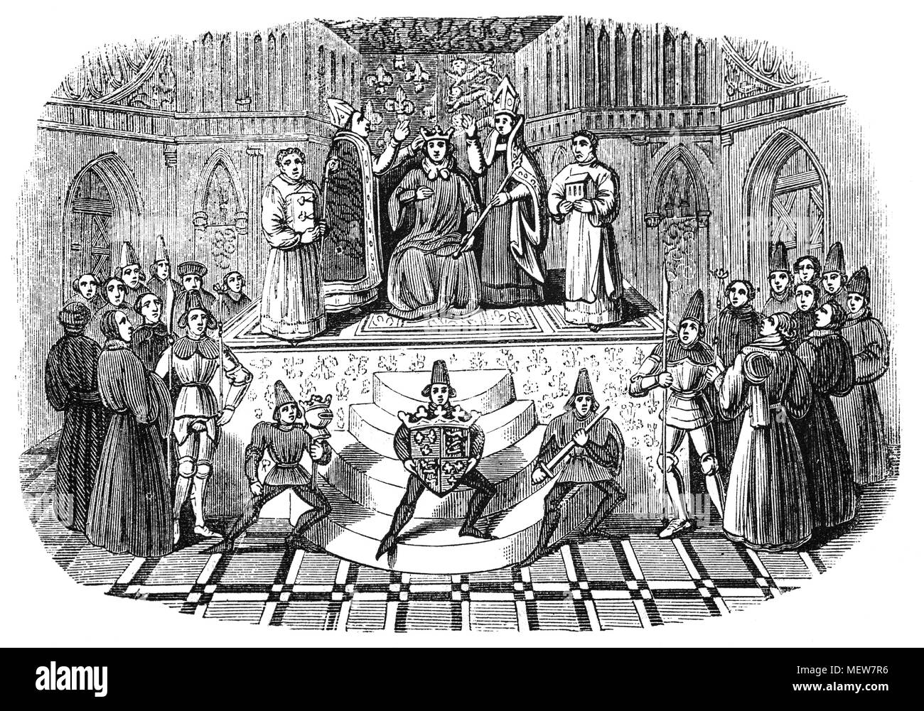 The coronation of Henry IV (1367 -1413) in 1399, also known as Henry Bolingbroke who was King of England and Lord of Ireland from 1399 to 1413, and asserted the claim of his grandfather, Edward III, to the Kingdom of France.  Henry's mother was Blanche, heiress to the considerable Lancaster estates, and thus he became the first King of England from the Lancaster branch of the Plantagenets and the first King of England since the Norman Conquest whose mother tongue was English rather than French. . Stock Photo