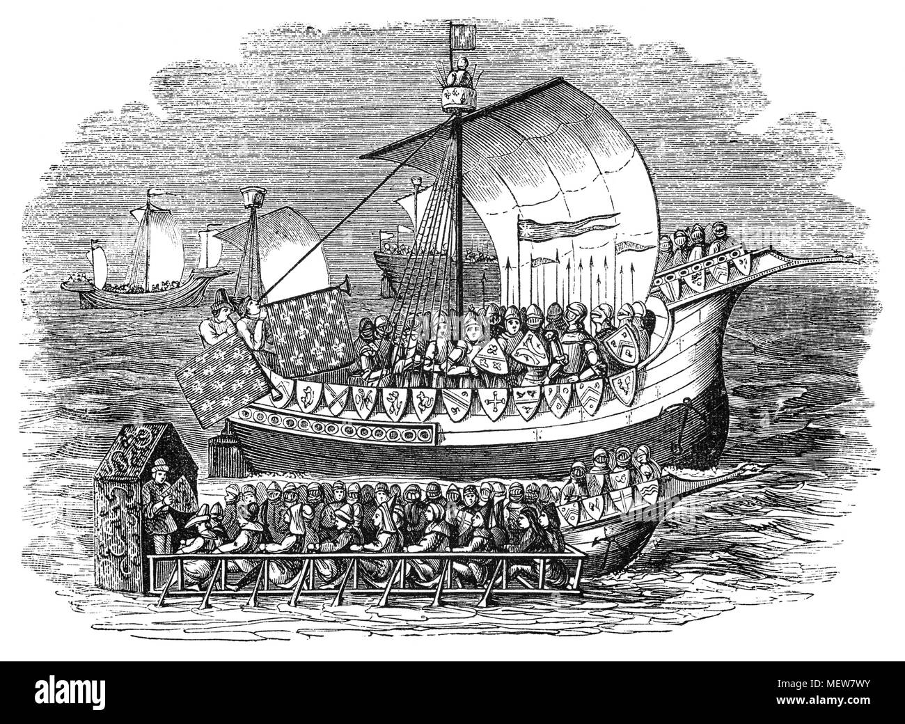 15th Century Medieval English ships of warwere powered by sail or oar, or both. Frequent communications withEurope meant exposure to a variety of improvements. Ships in the north were influenced by Viking vessels, while those in the south by classical or Roman vessels. However, there was technological change as traditional construction methods were changed from clinker to carvel construction, which would dominate the building of large ships. The period would also see a shift from the steering oar or side rudder to the stern rudder and the development from single to multi-masted ships. Stock Photo