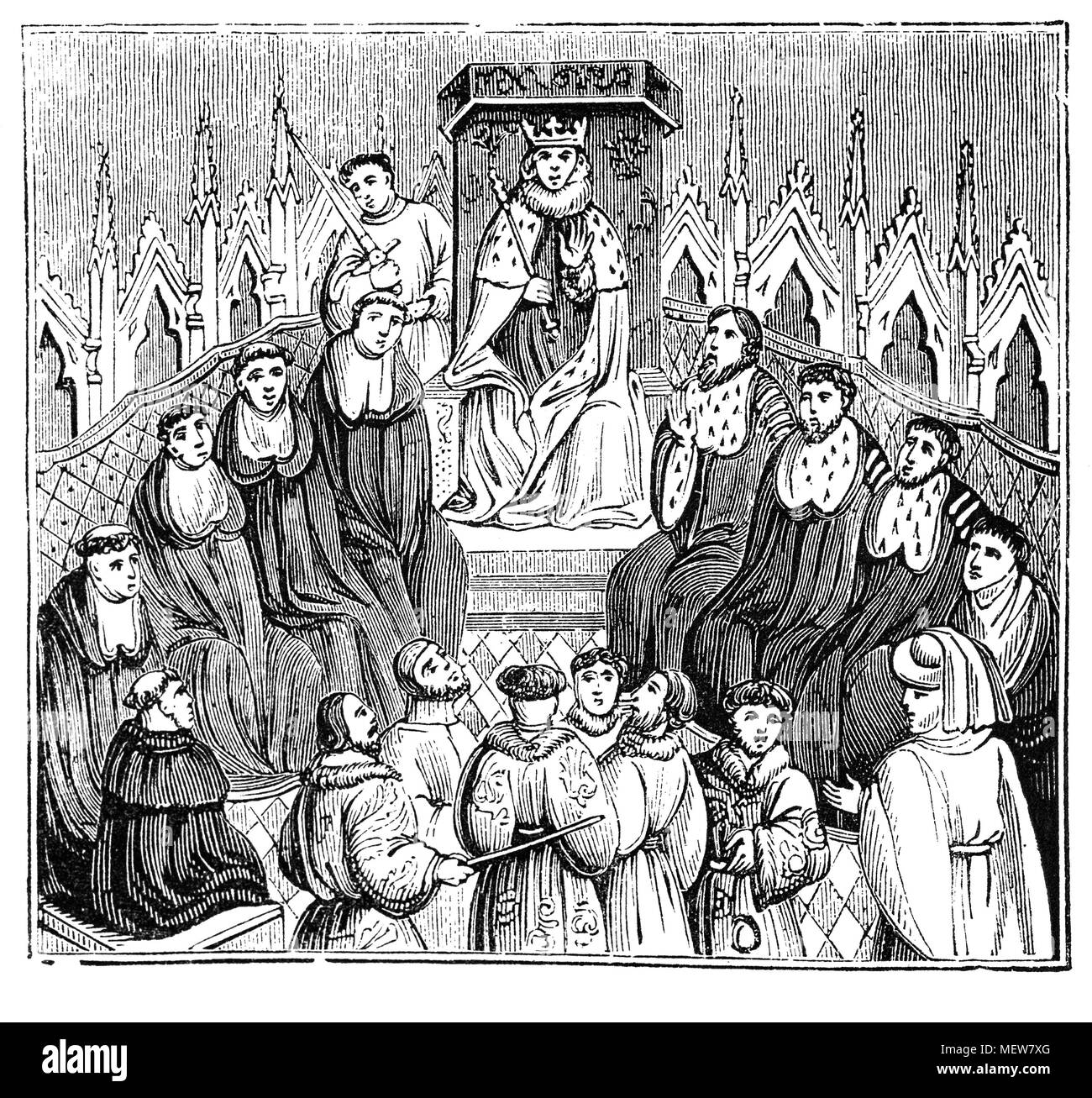 King Henry IV (1367 -1413), with his Privvy Council. King of England and Lord of Ireland from 1399 to 1413, he asserted the claim of his grandfather, Edward III, to the Kingdom of France. Henry's mother was Blanche, heiress to the considerable Lancaster estates, and thus he became the first King of England from the Lancaster branch of the Plantagenets and the first King of England since the Norman Conquest whose mother tongue was English rather than French. Stock Photo