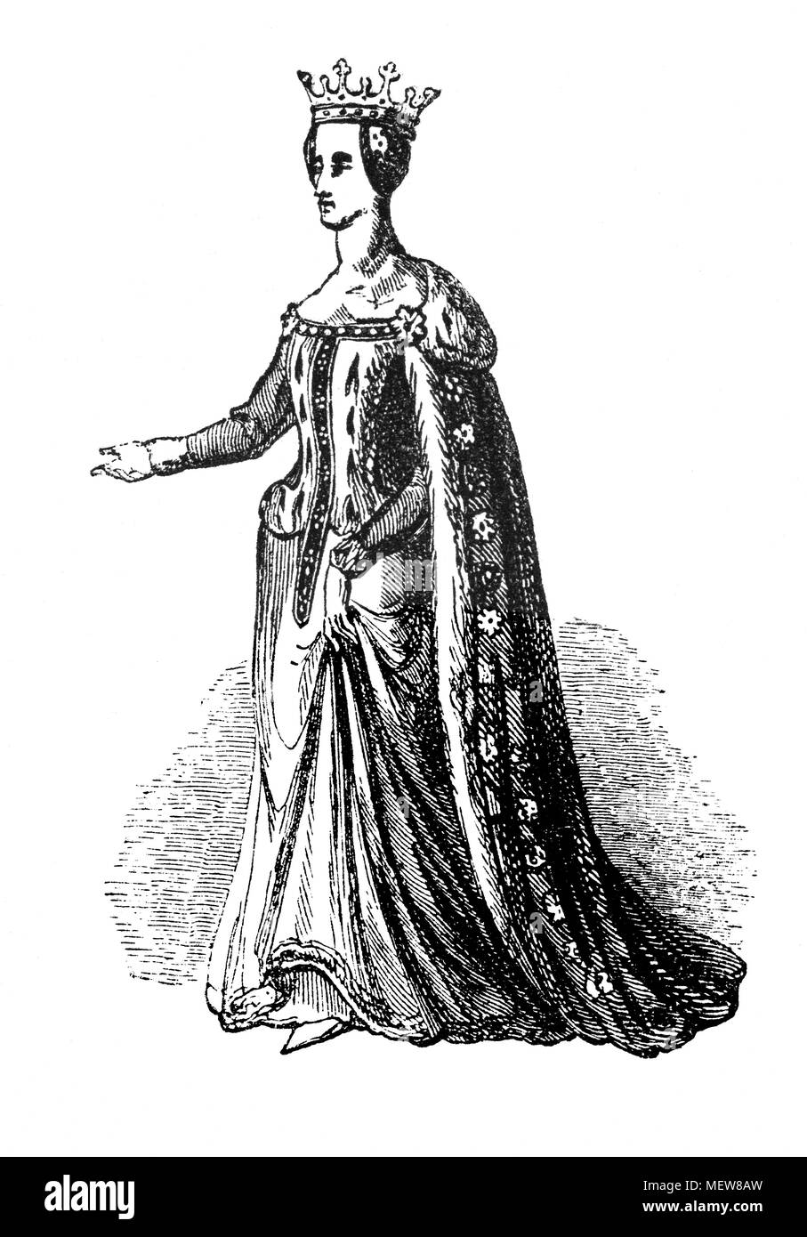 Catherine of Valois (1401 – 1437 was the queen consort of England from 1420 until 1422. A daughter of Charles VI of France, she married Henry V of England and gave birth to his heir Henry VI of England. Her liaison (and possible secret marriage) with Owen Tudor proved the springboard of that family's fortunes, eventually leading to their grandson's elevation as Henry VII of England. Catherine's older sister Isabella was queen of England from 1396 until 1399, as the child bride of Richard II. Stock Photo