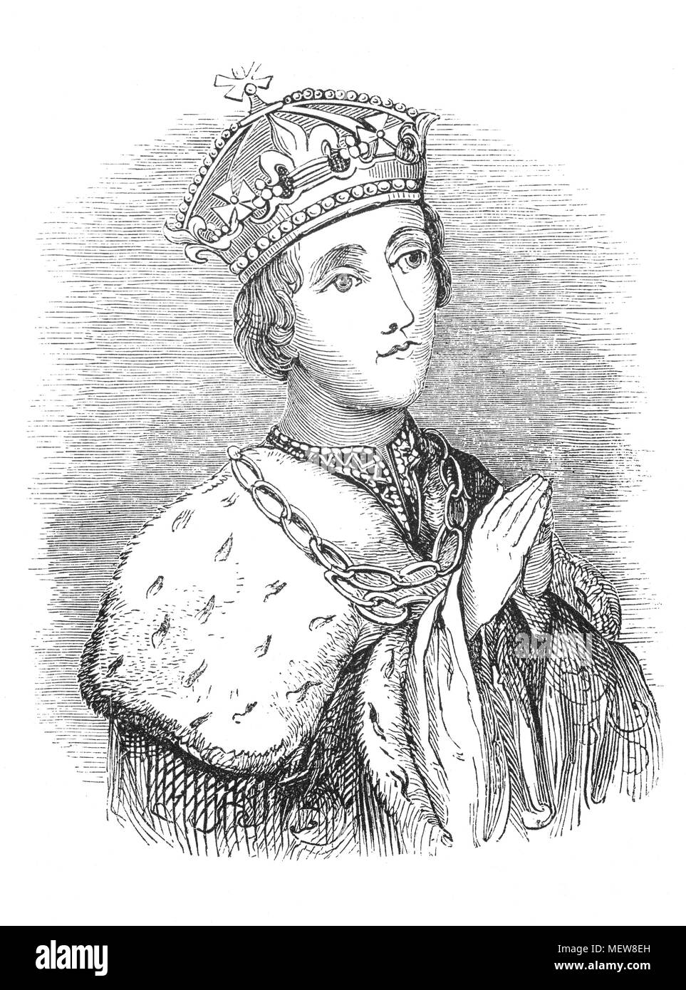 Henry VI (1421 – 1471) King of England from 1422 to 1461 and again from 1470 to 1471, and disputed King of France from 1422 to 1453 in full armour. The only child of Henry V, he succeeded to the English throne at the age of nine months upon his father's death, and succeeded to the French throne on the death of his maternal grandfather Charles VI shortly afterwards. Stock Photo