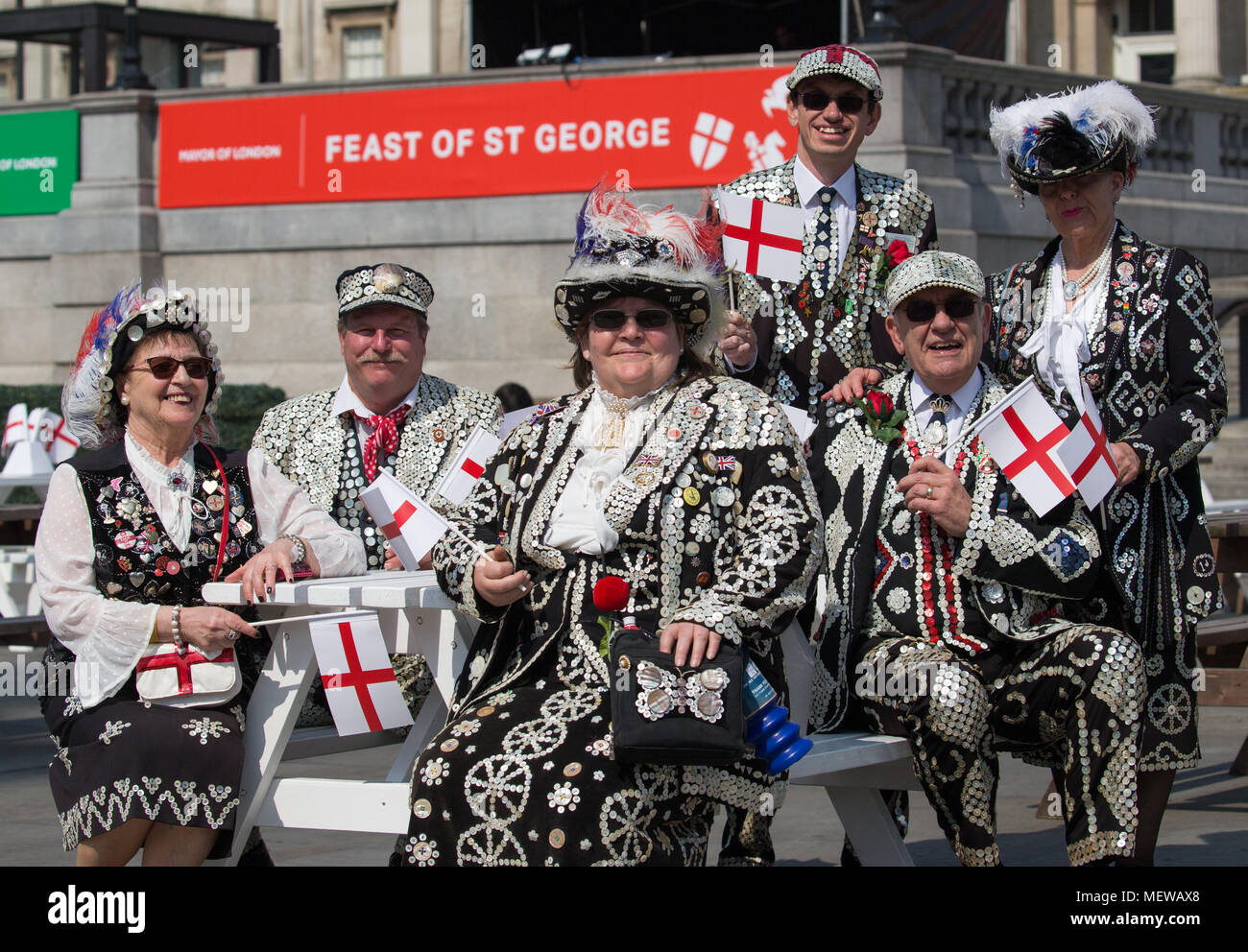 Pearly Kings and Queens in Trafalgar Square for the Feast of St George to celebrate St George's Day, the Patron Saint of England which is on April 23r. Stock Photo