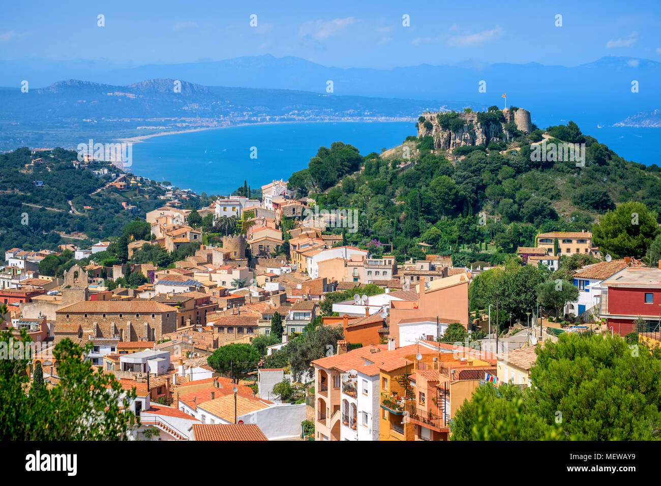 Begur Old Town and castle with Bay of Estartit and Platja de Pals sand beach on spanish Costa Brava coast, Catalonia, Spain Stock Photo