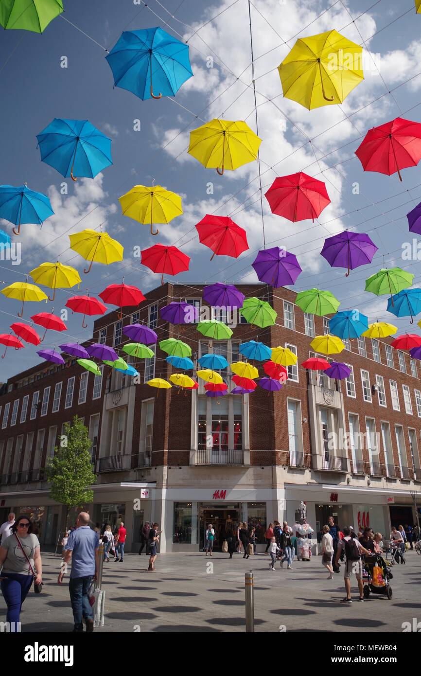 Spring In Exeter Colourful Spring Umbrellas of Exeter High Street. April, 2018. Devon ...