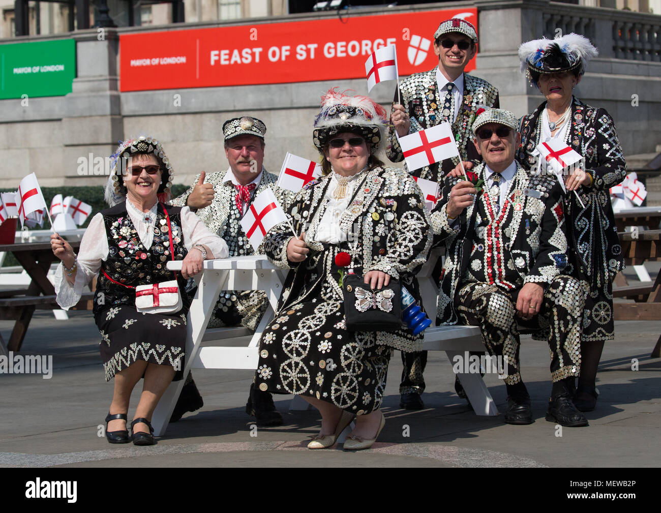 Pearly Kings and Queens in Trafalgar Square for the Feast of St George to celebrate St George's Day, the Patron Saint of England which is on April 23r. Stock Photo