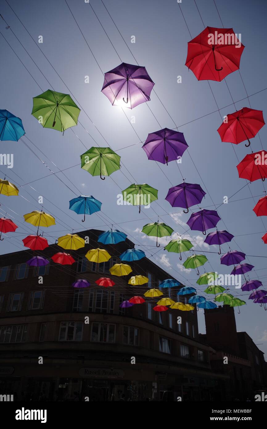 Spring In Exeter Colourful Spring Umbrellas of Exeter High Street. April, 2018. Devon ...