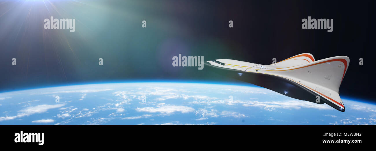 modern spaceship in orbit of planet Earth, shuttle orbiting the blue ...