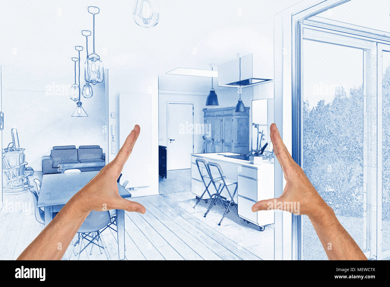 Digital Blue print Artwork of a Modern luxury living room and kitchen ...