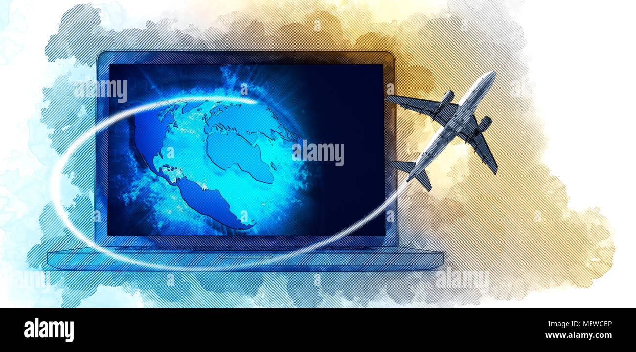 Digital Artwork of a modern laptop and plane flying outside the screen ...