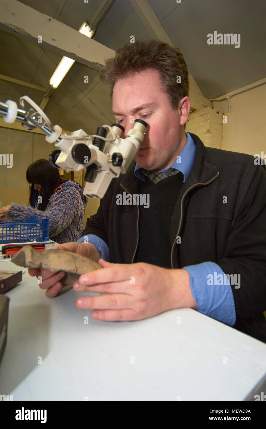 An Archaeologist using a stereo microscope to examine pottery artifacts