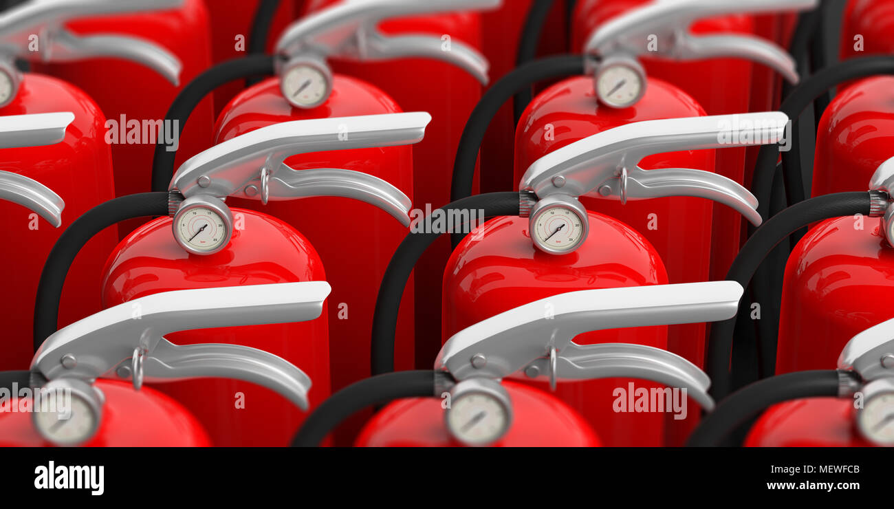 Fire safety. Group of red fire extinguishers with silver handle