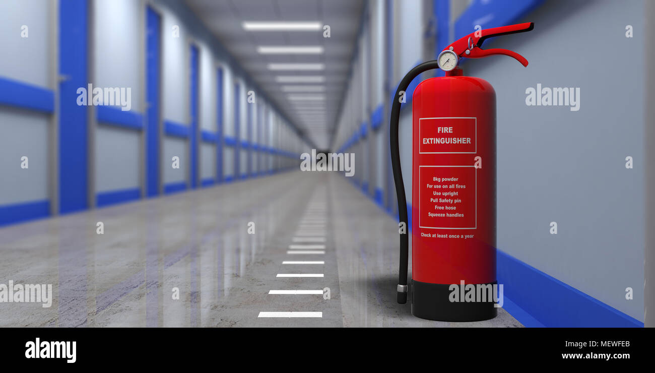 Fire safety, Red fire extinguisher on wall, blur hospital corridor