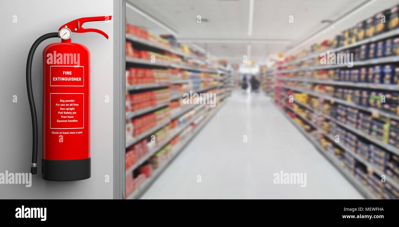 Fire safety, Red fire extinguisher on wall, blur supermarket corridor
