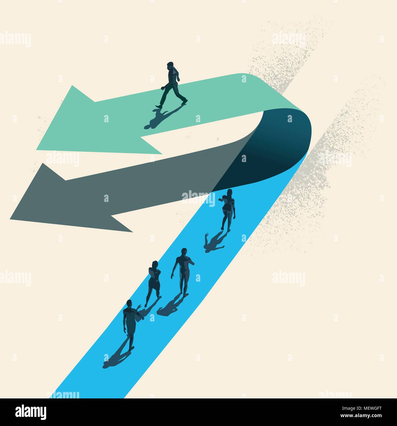A Change of Direction. A businessman choosing to walk in the opposite direction to other people on top of a arrow. Business conceptual vector illustra Stock Vector