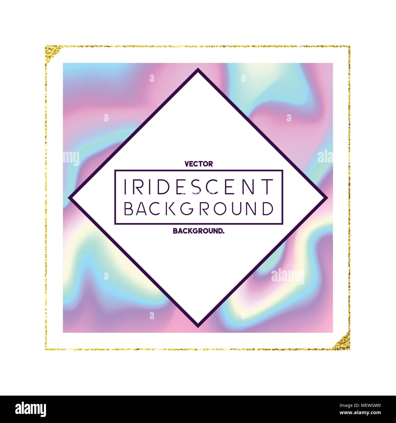 A label design with square, gold detail and iridescent holographic texture background. Vector illustration. Stock Vector