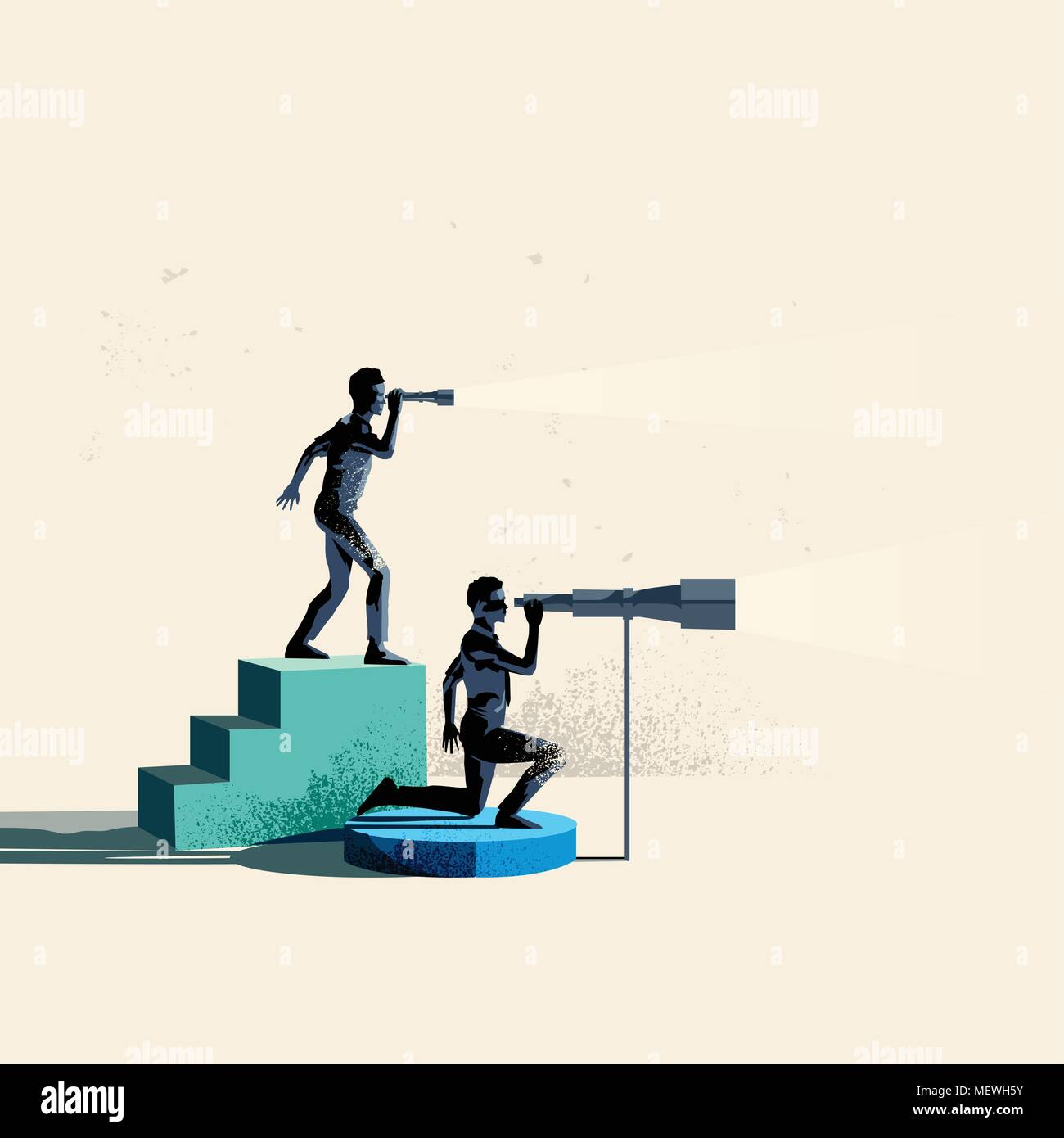 Seeking business opportunities. Two people searching the horizon with telescopes. Conceptual vector illustration. Stock Vector