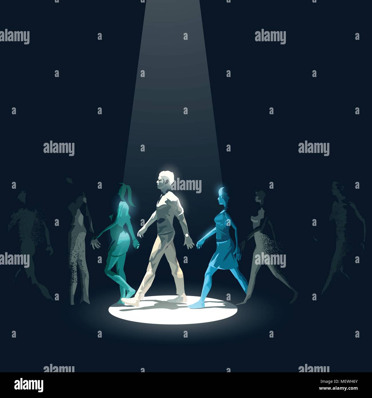 A spotlight beam pointing out an individual from a group of walking people making him stand out from the crowd. Business concept vector illustration. Stock Vector