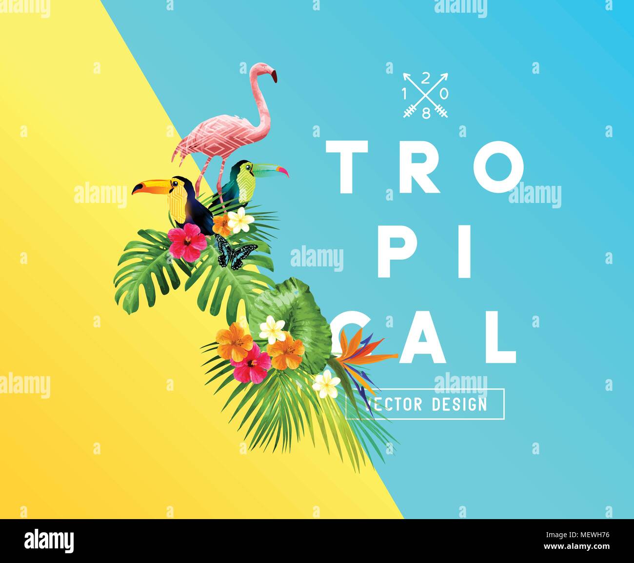 A set of bright tropical floral elements with Hibiscus flowers, toucans and Flamingos and a set of palm leaves. Vector illustration Stock Vector