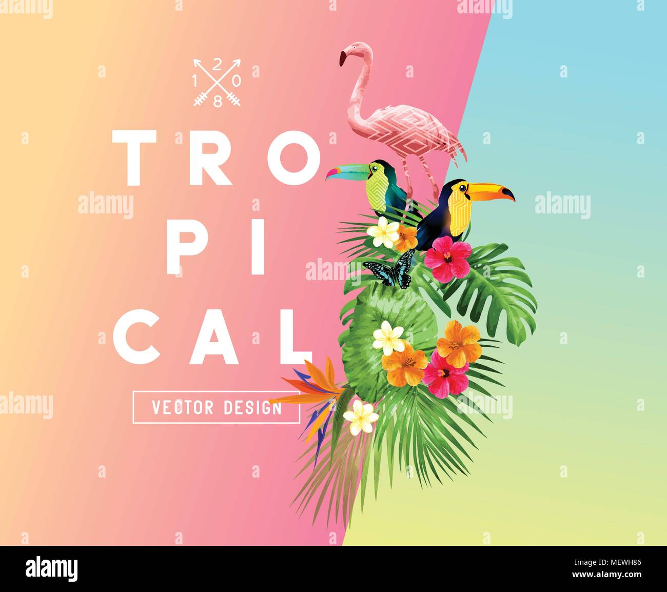 Bright tropical floral elements with Hibiscus flowers, toucans and Flamingos and a set of palm leaves on a gradient background. Vector illustration Stock Vector