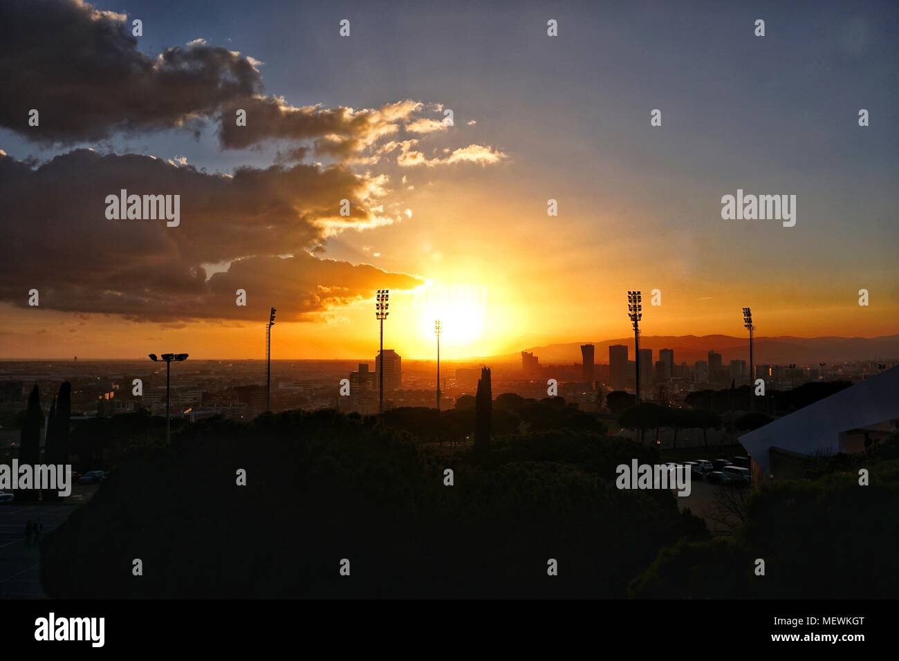 Catalan Sunset over the Barcelona Olympic Park, Barcelona, Catalonia, Spain Stock Photo