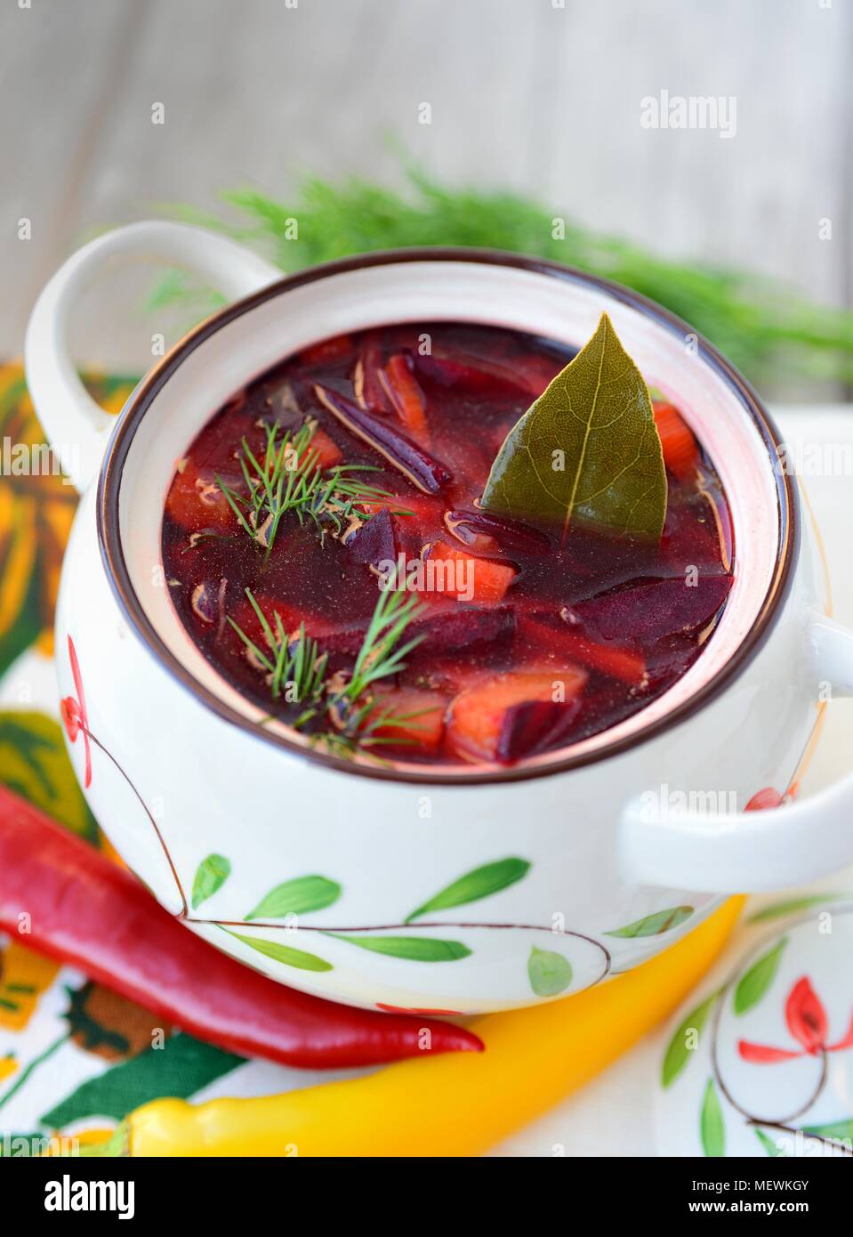 Red soup 'borscht' - Russian and Ukrainian ethnic food. Stock Photo