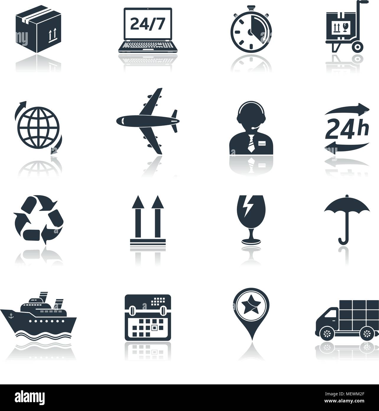 Delivery and transportation icons with reflection, isolated on white background Stock Vector