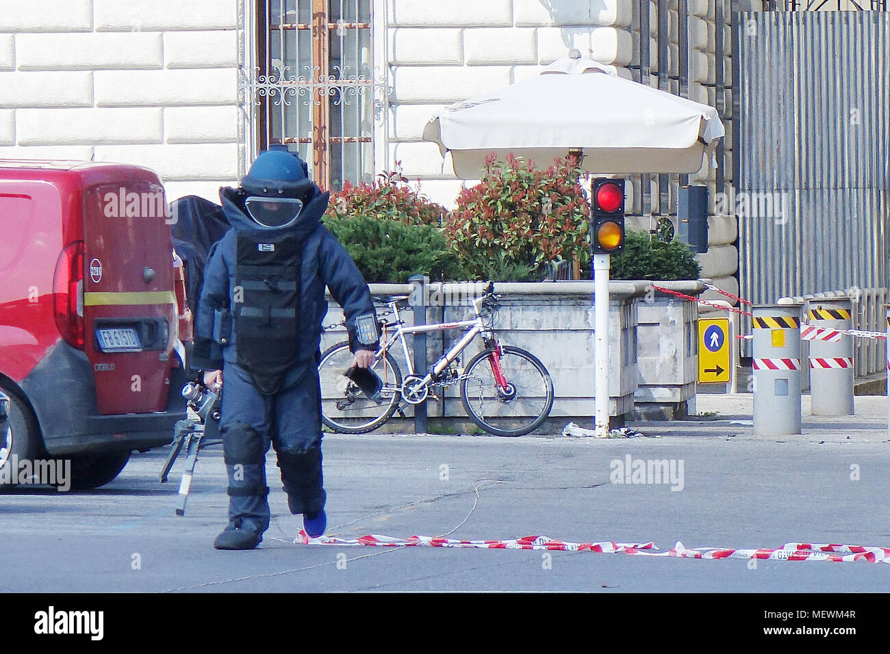 A suspect container sprouting wires in the flask-holder of a bicycle caused  a brief bomb scare at the US consulate in Florence, Italy. The bomb squad  opened the container with a water