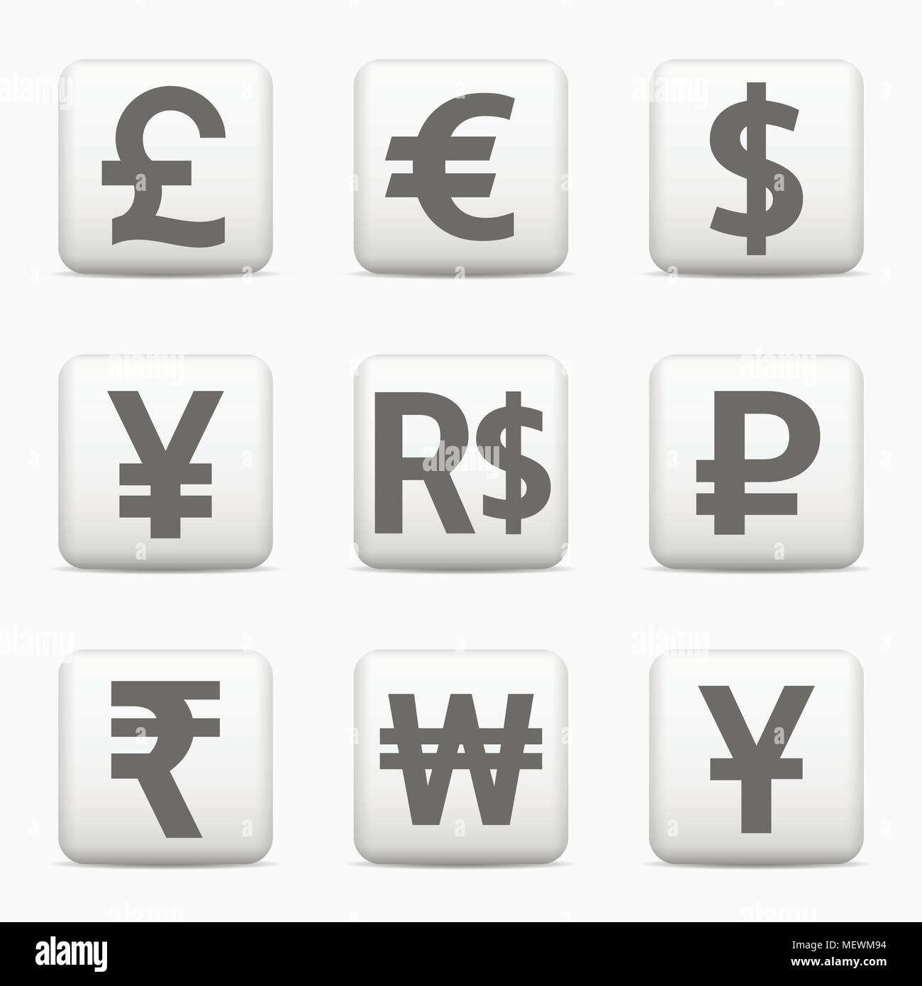 Currency icons set. World money symbols. Web buttons. Vector EPS10 Stock Vector