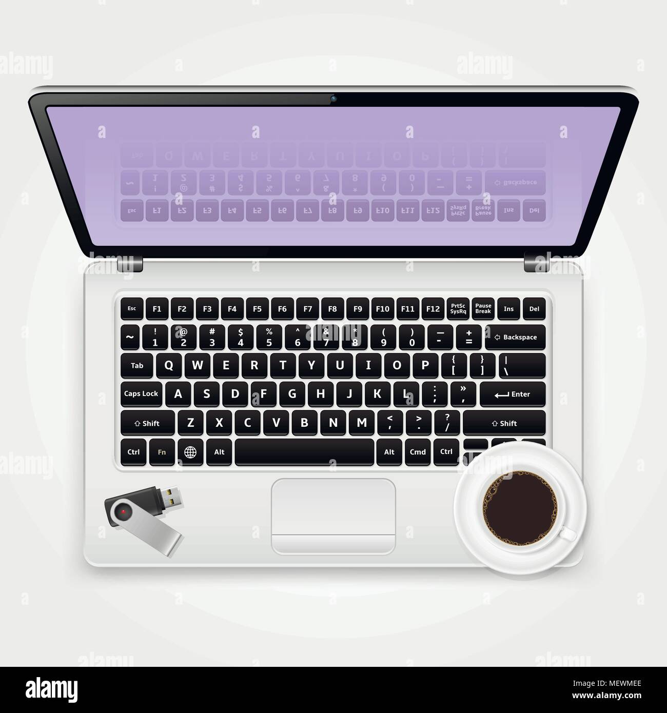 USB flash drive and cup of coffee standing on the laptop. Working at home concept. Vector illustration. Stock Vector