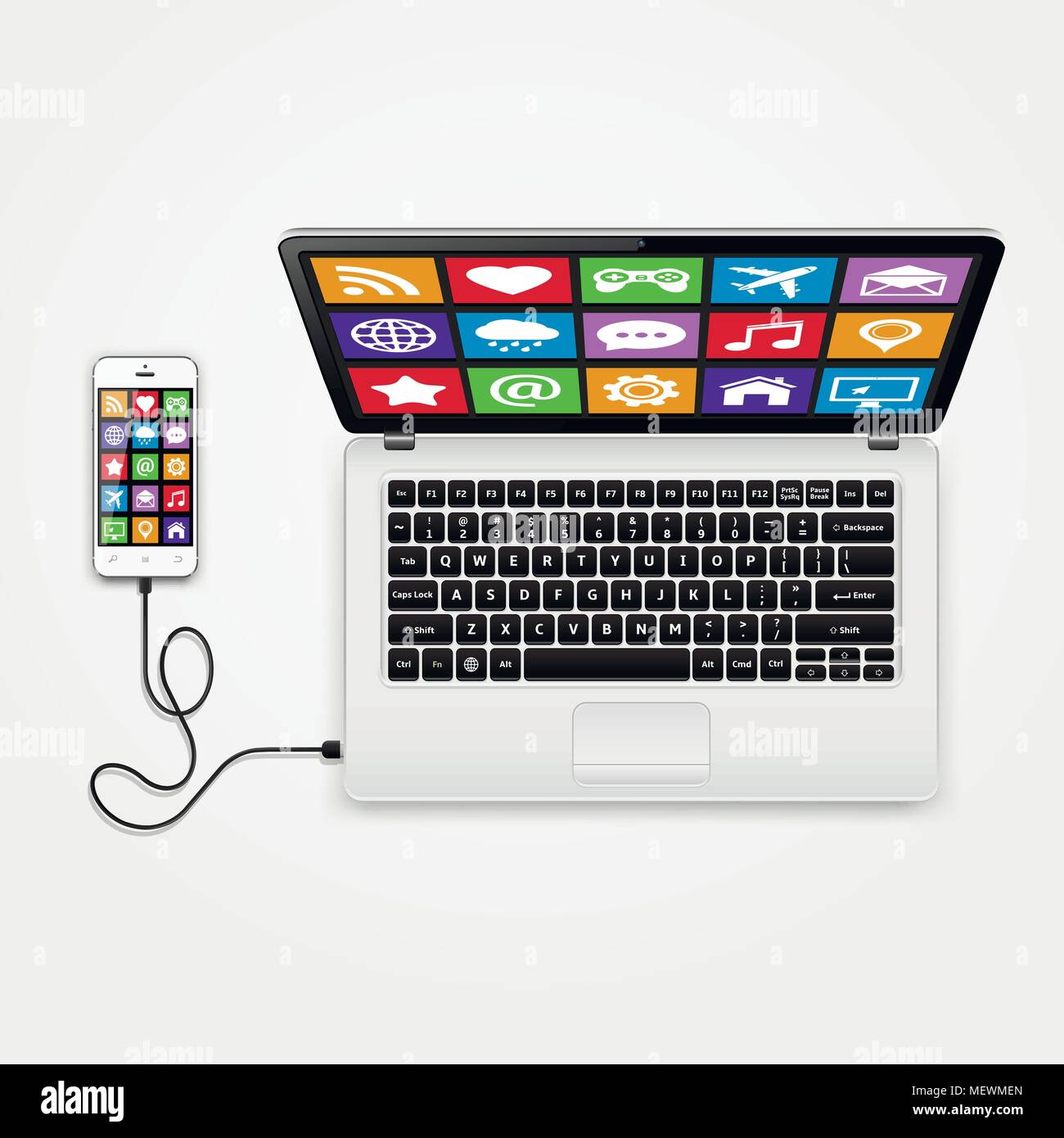 Smart phone with app icons connected to laptop. Top view. Vector illustration. Stock Vector