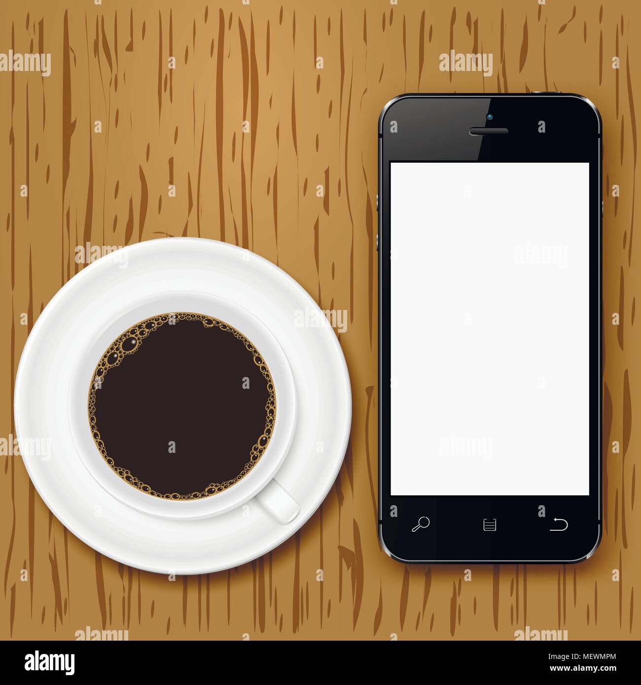 Mobile phone with blank screen and coffee cup on wooden desk. Top view ...