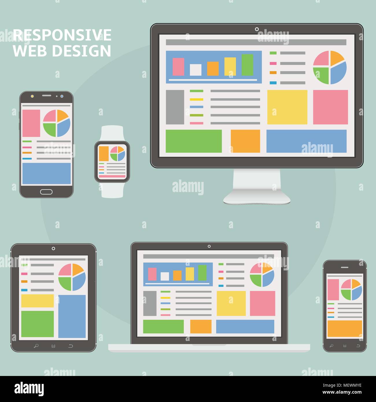 Responsive web design flat style devices. Vector illustration of laptop, desktop computer, tablet, smartphone and smart watch. Stock Vector