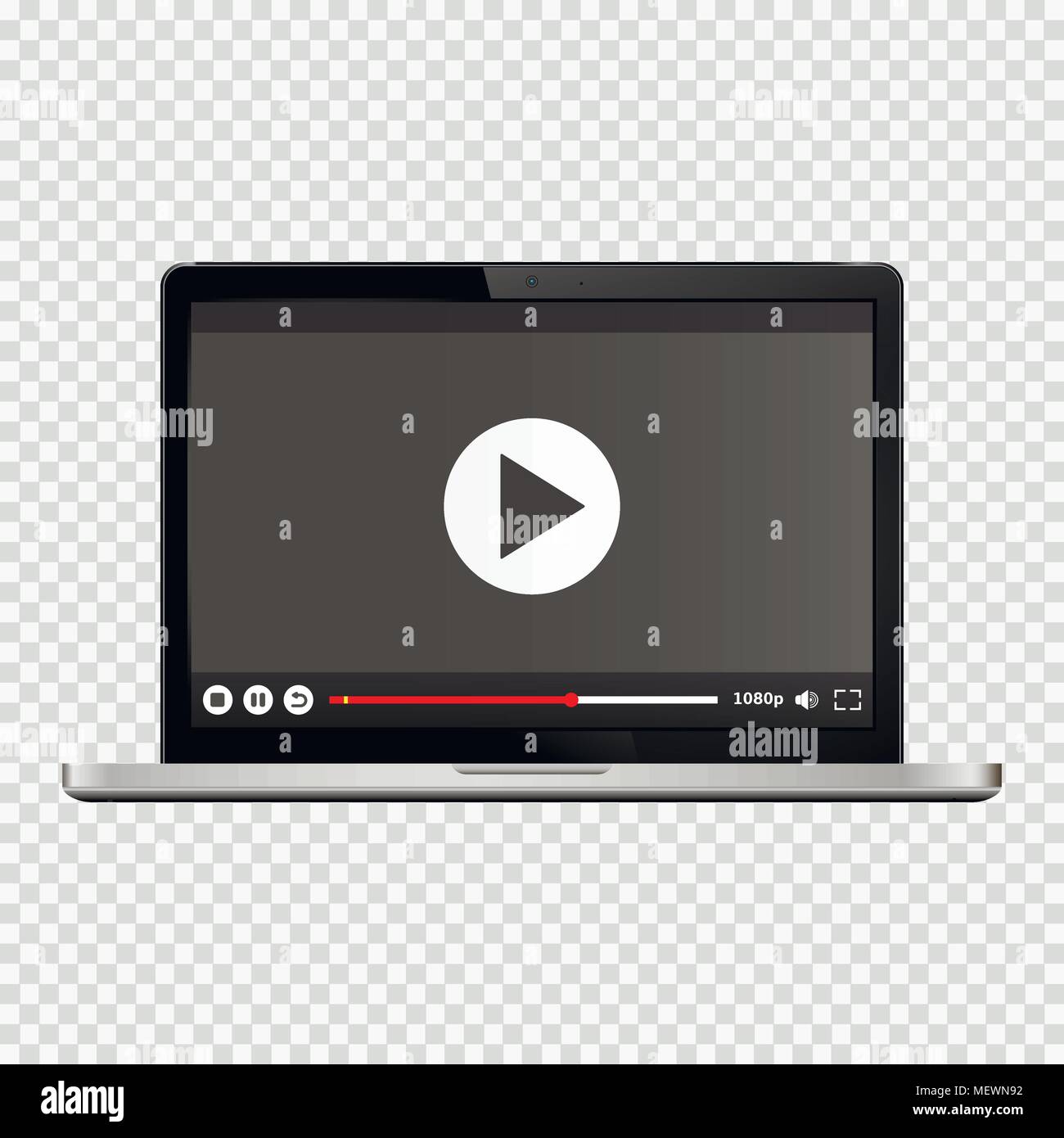 Modern laptop with video player on screen. Isolated on transparent background. Vector illustration. Stock Vector