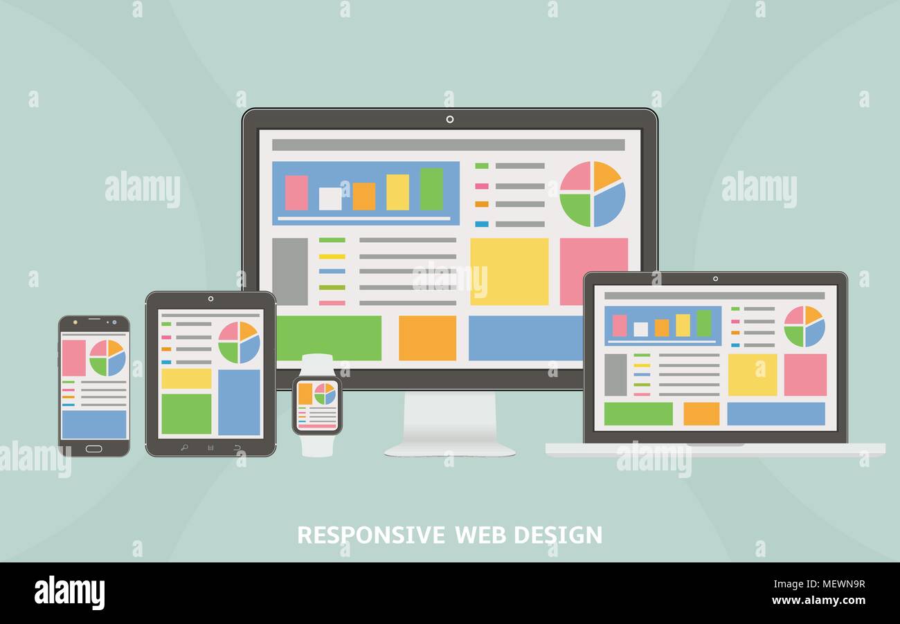 Responsive web design flat vector, web design technology, including laptop, desktop, tablet, mobile phone and smart watch. Stock Vector