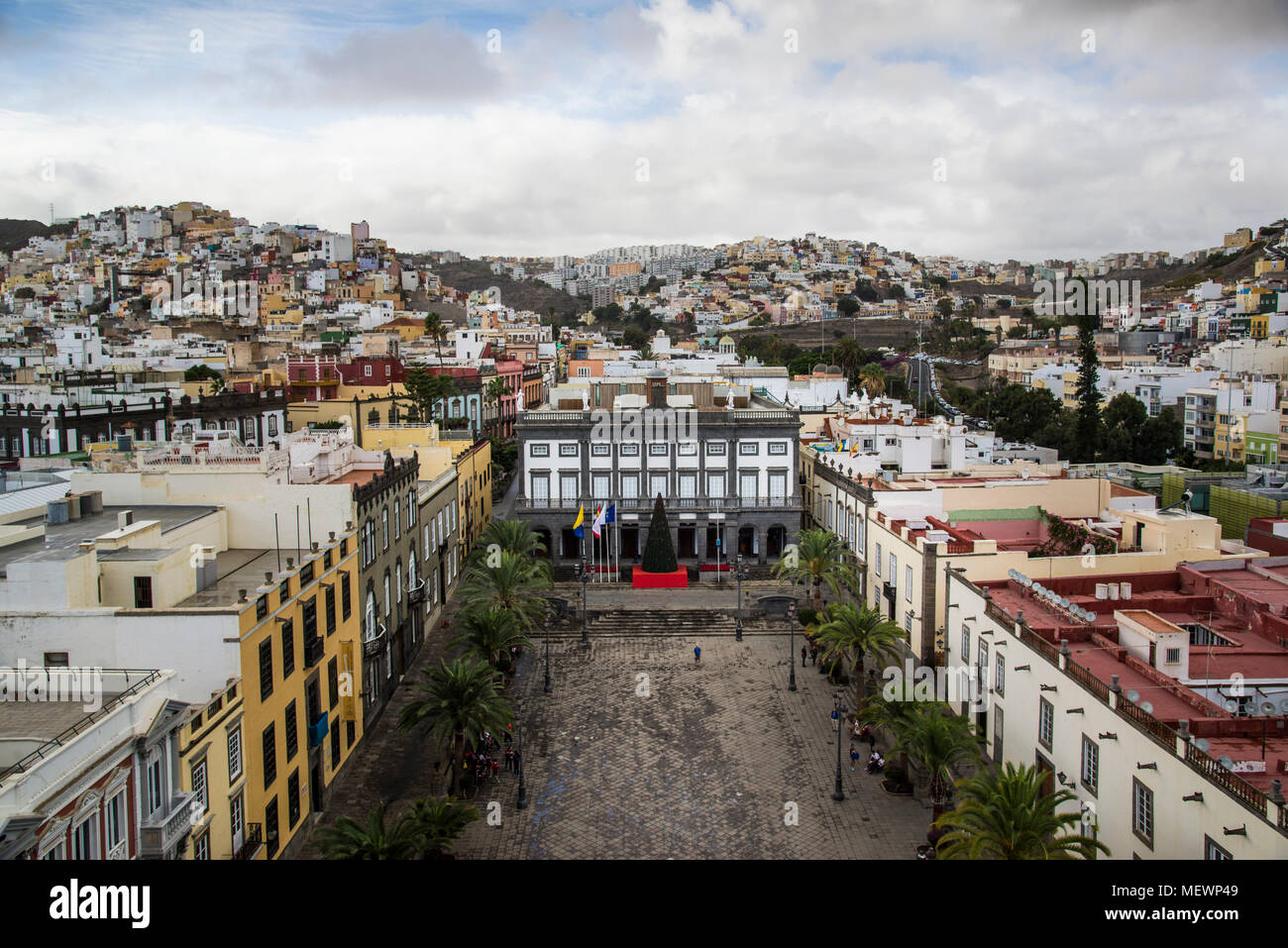 View from the top of The Cathedral of Santa Ana (Holy Cathedral-Basilica of Canary or Cathedral of Las Palmas de Gran Canaria) overlooking the Vegueta neighborhood and the Plaza Mayor of Santa Ana Stock Photo
