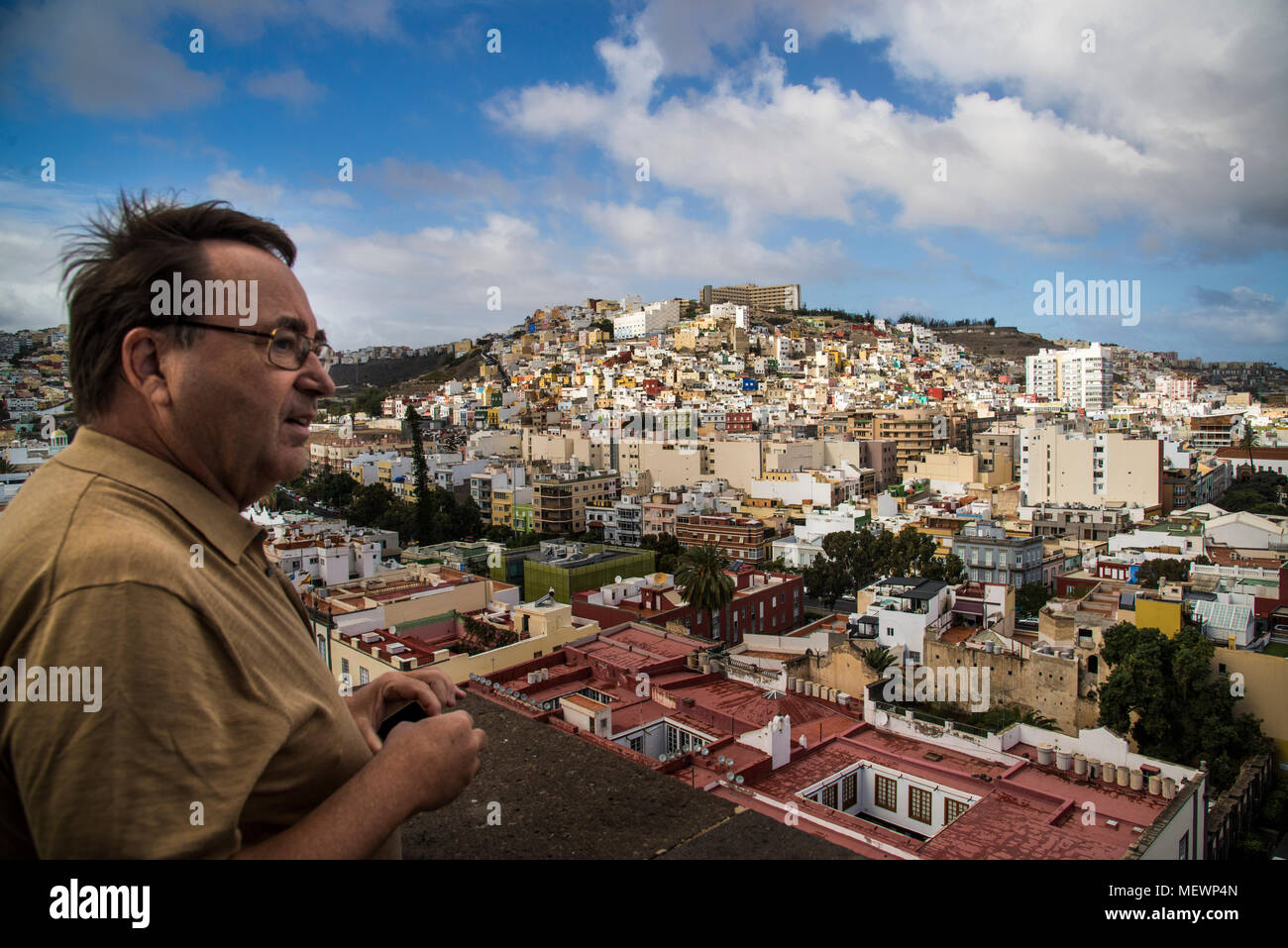 View from the top of The Cathedral of Santa Ana (Holy Cathedral-Basilica of Canary or Cathedral of Las Palmas de Gran Canaria) overlooking the Vegueta neighborhood and the Plaza Mayor of Santa Ana Stock Photo