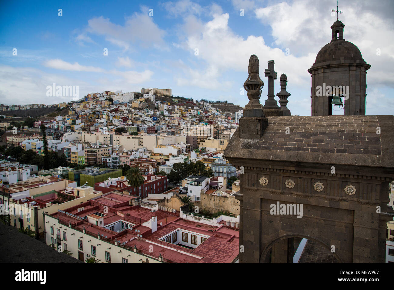 View from the top of The Cathedral of Santa Ana (Holy Cathedral-Basilica of Canary or Cathedral of Las Palmas de Gran Canaria) overlooking the Vegueta neighborhood and the Plaza Mayor of Santa Ana Stock Photo
