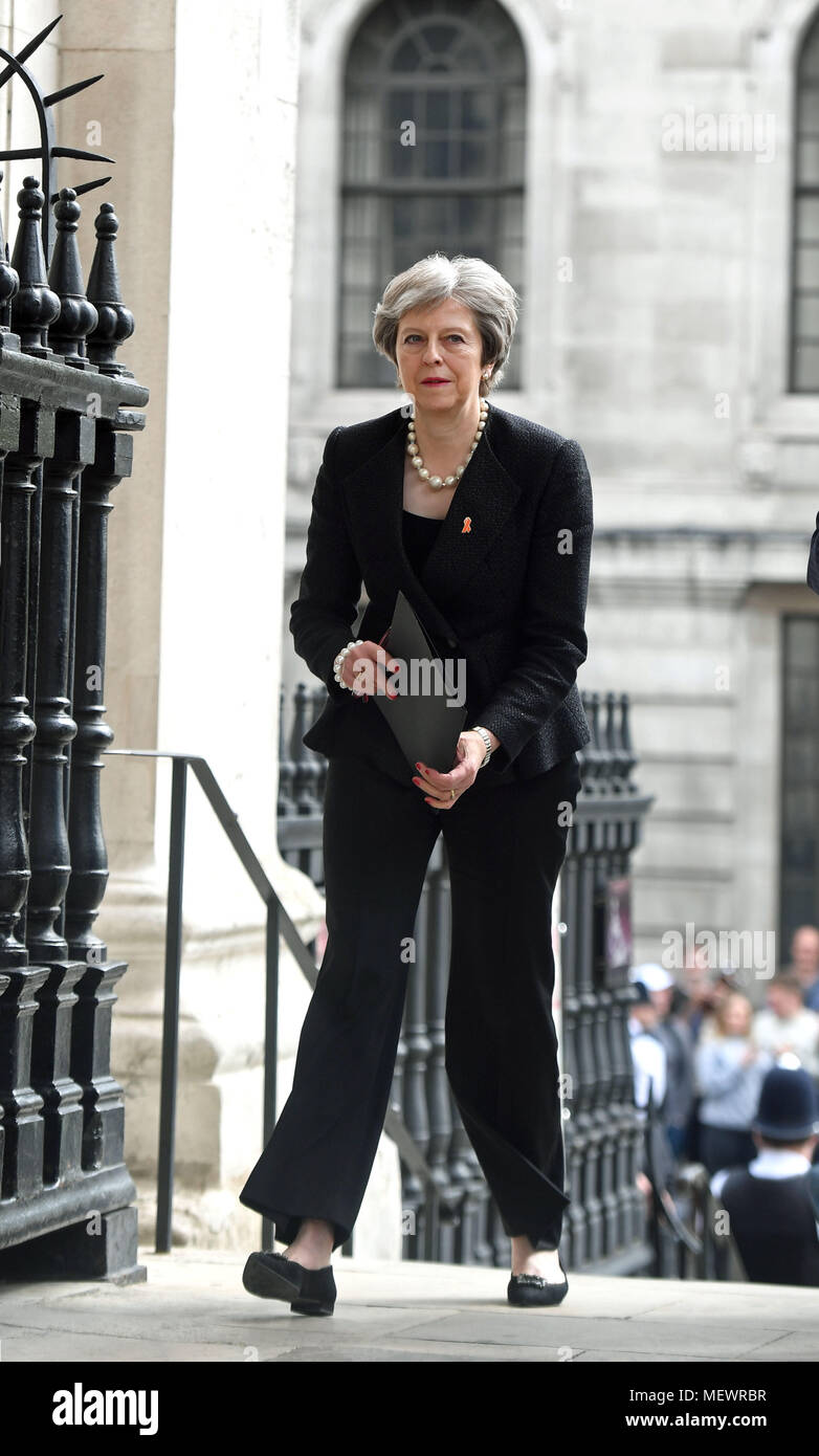 Prime Minister Theresa May arrives at a memorial service at St Martin-in-the-Fields in Trafalgar Square, London, to commemorate the 25th anniversary of the murder of Stephen Lawrence. Stock Photo