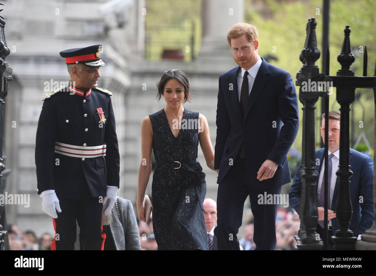 Prince Harry and Meghan Markle arrive at a memorial service at St Martin-in-the-Fields in Trafalgar Square, London, to commemorate the 25th anniversary of the murder of Stephen Lawrence. Stock Photo