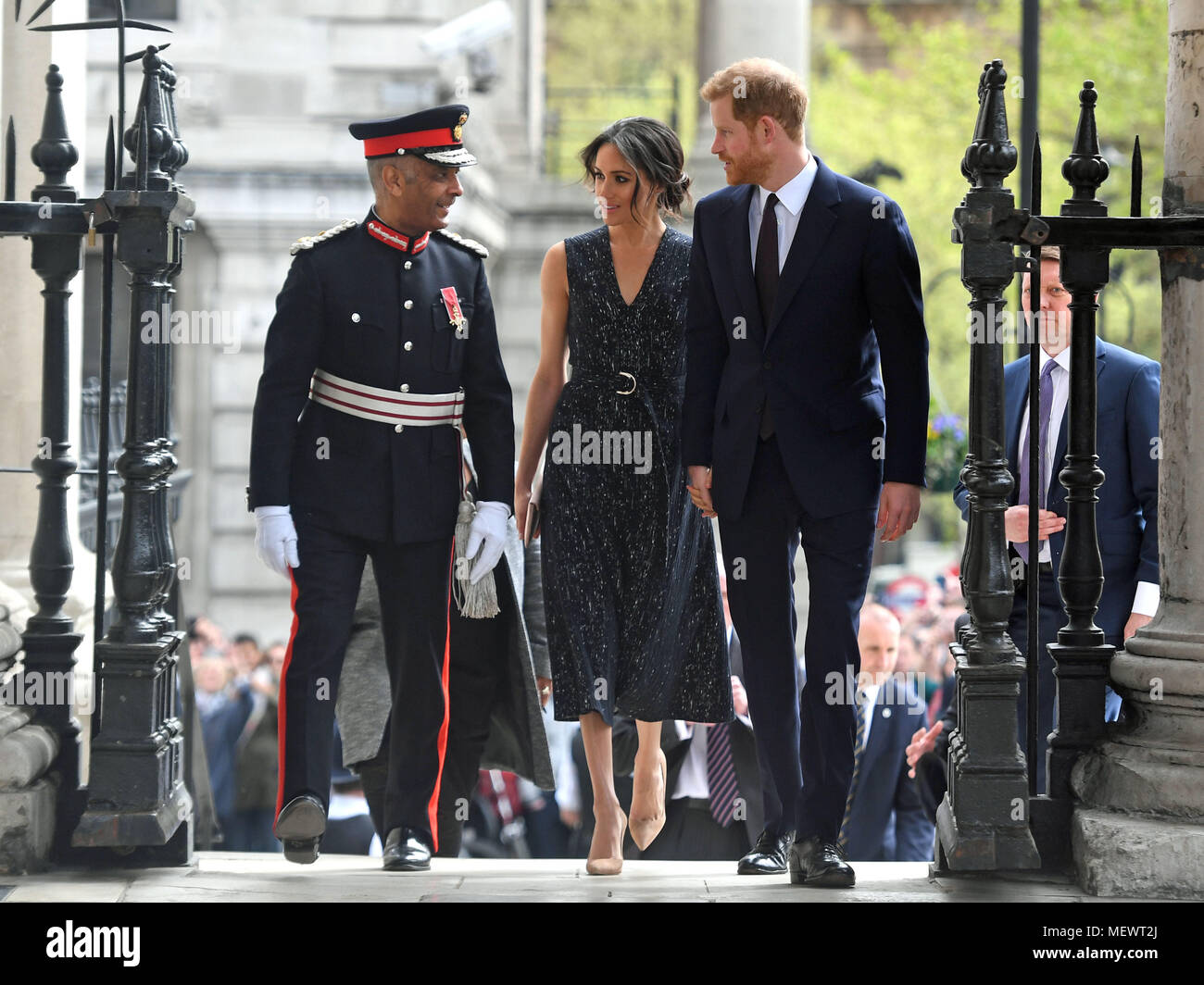 Prince Harry and Meghan Markle arrive at a memorial service at St Martin-in-the-Fields in Trafalgar Square, London, to commemorate the 25th anniversary of the murder of Stephen Lawrence. Stock Photo